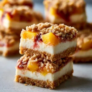 Delicious Peach Cobbler Cheesecake Bars topped with fresh peaches and crumble.