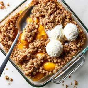 Delicious homemade Peach Crisp served in a bowl with a scoop of ice cream