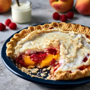 Delicious Peach Raspberry Pie with a golden crust and fresh fruit filling