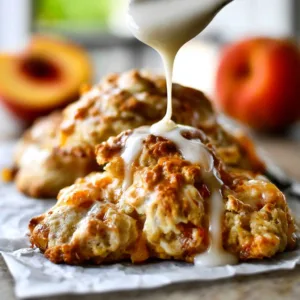 Freshly baked peach scone on a rustic wooden table