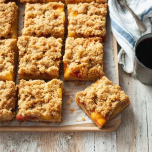 Delicious peaches and cream crumble bars on a plate with fresh peach slices.