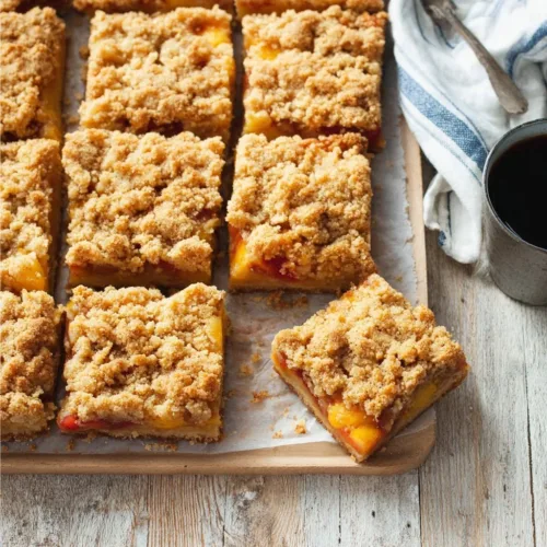 Delicious peaches and cream crumble bars on a plate with fresh peach slices.