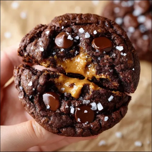 Peanut butter stuffed chocolate cookies fresh out of the oven