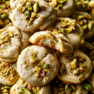 Homemade pistachio cookies on a baking tray, garnished with chopped pistachios.