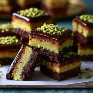 Pistachio kunafa chocolate brownies topped with crushed pistachios.