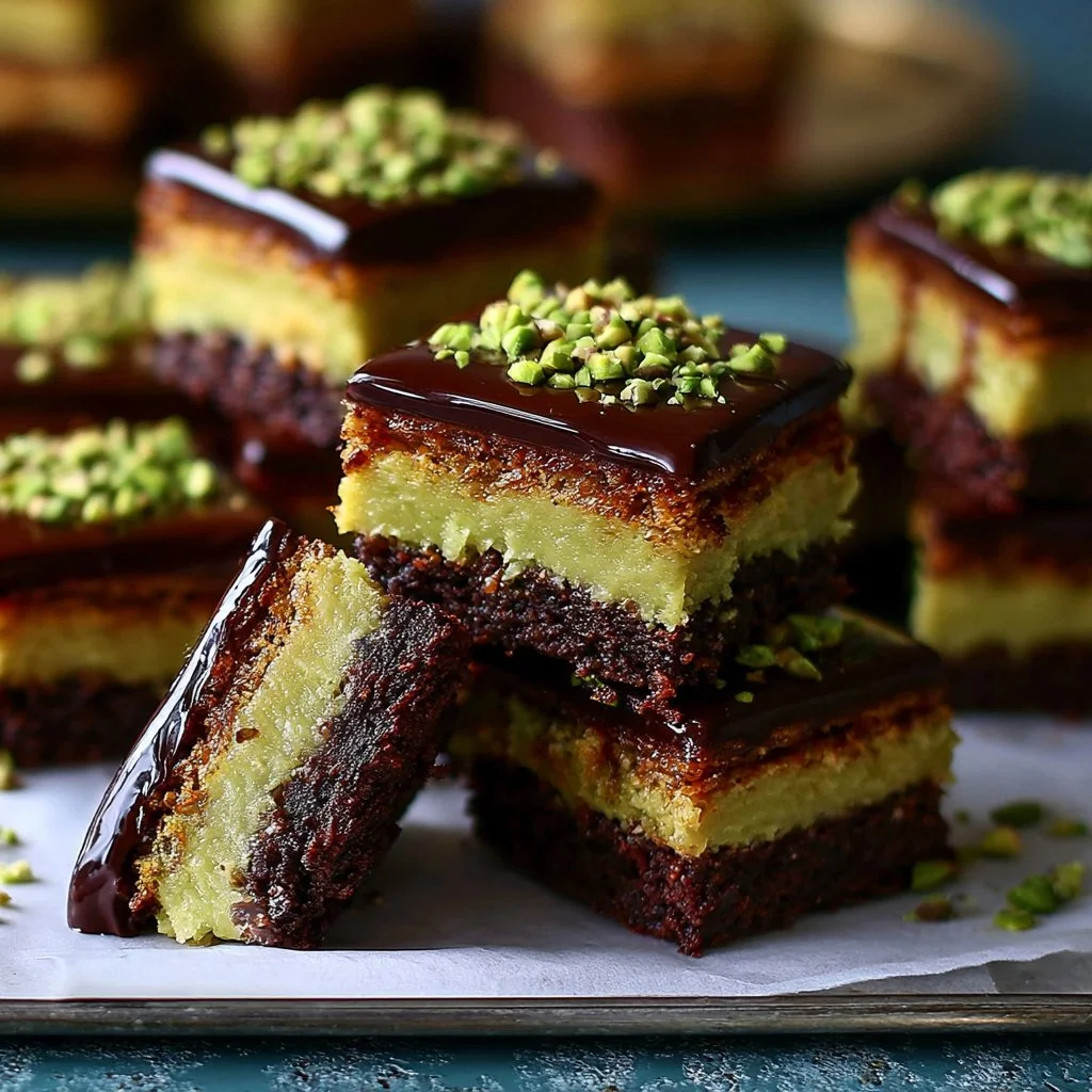 Pistachio kunafa chocolate brownies topped with crushed pistachios.