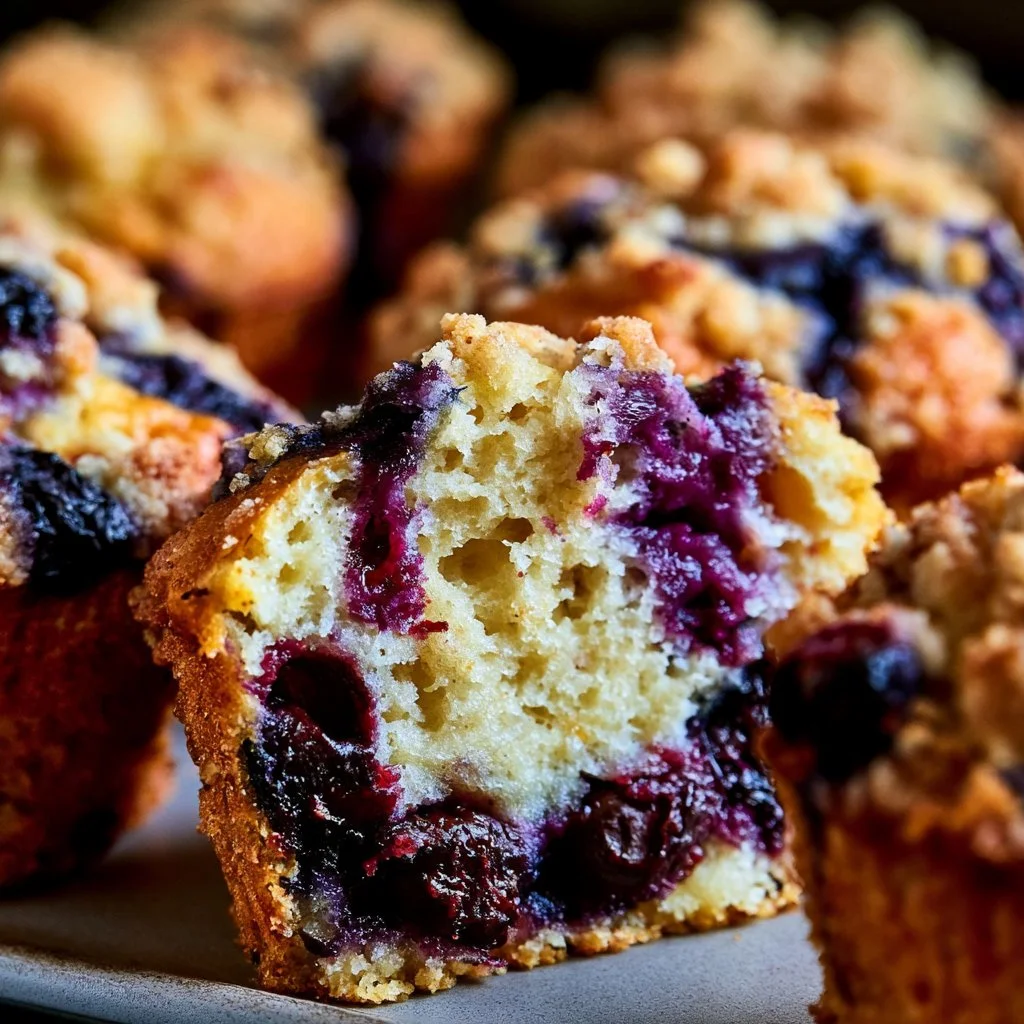 Freshly baked quick sourdough discard blueberry muffins on a wooden table