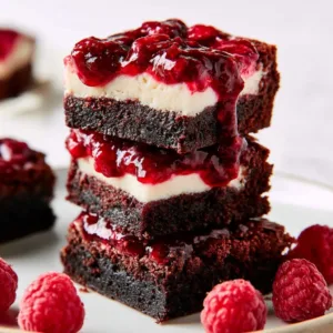 Delicious Raspberry Cheesecake Brownies with creamy topping and raspberry swirls