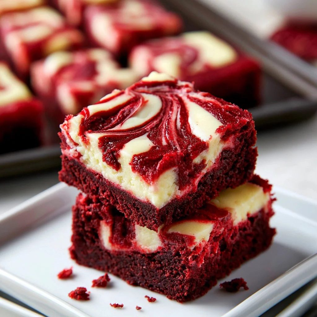 Delicious Red Velvet Cheesecake Brownies with a creamy topping.