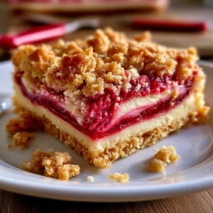Rhubarb Cream Cheese Bars topped with a crumbly crust and fresh rhubarb