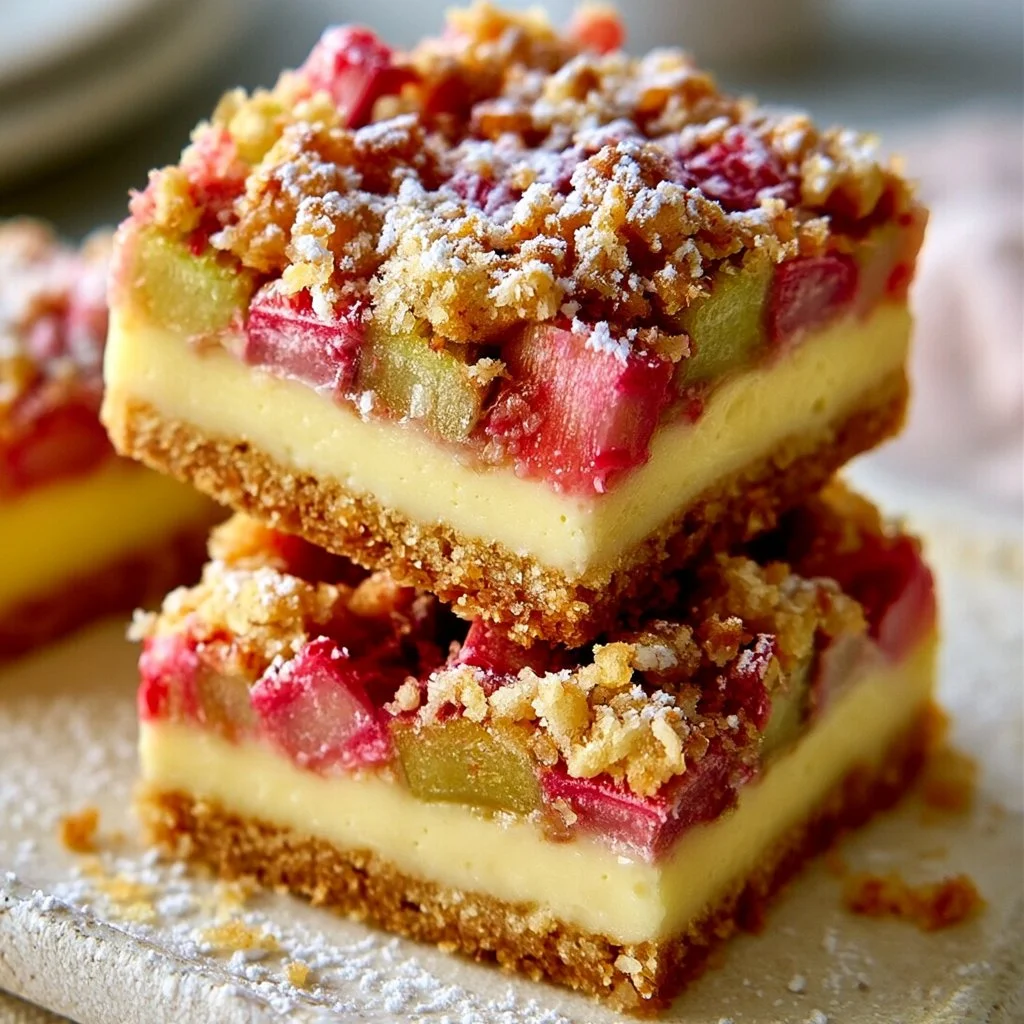 Delicious rhubarb custard bars topped and cut into squares on a white plate