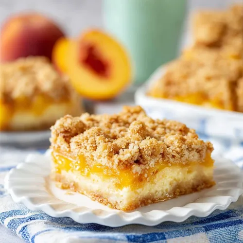Delicious Peach Cobbler Cheesecake Bars with a rich peach topping