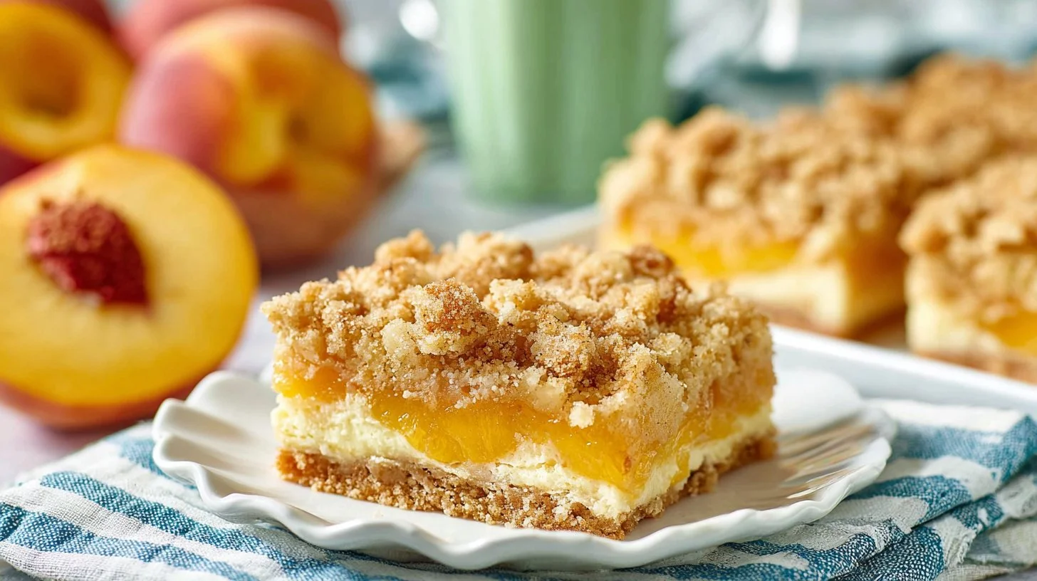 Rich Peach Cobbler Cheesecake Bars with Creamy Filling
