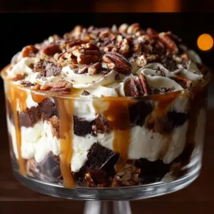Salted Caramel Brownie Cheesecake Trifle 3 Salted Caramel Brownie Cheesecake Trifle layered dessert with whipped cream
