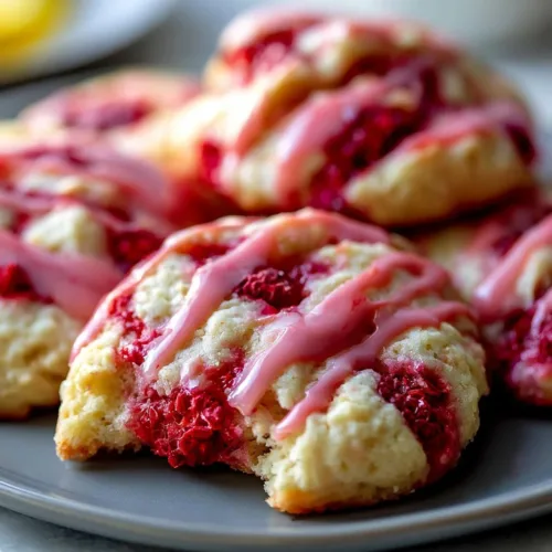 Soft lemon raspberry cookies with a zesty lemon glaze and fresh raspberries