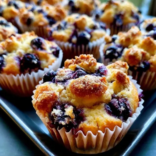 Freshly baked sourdough blueberry muffins on a rustic wooden table