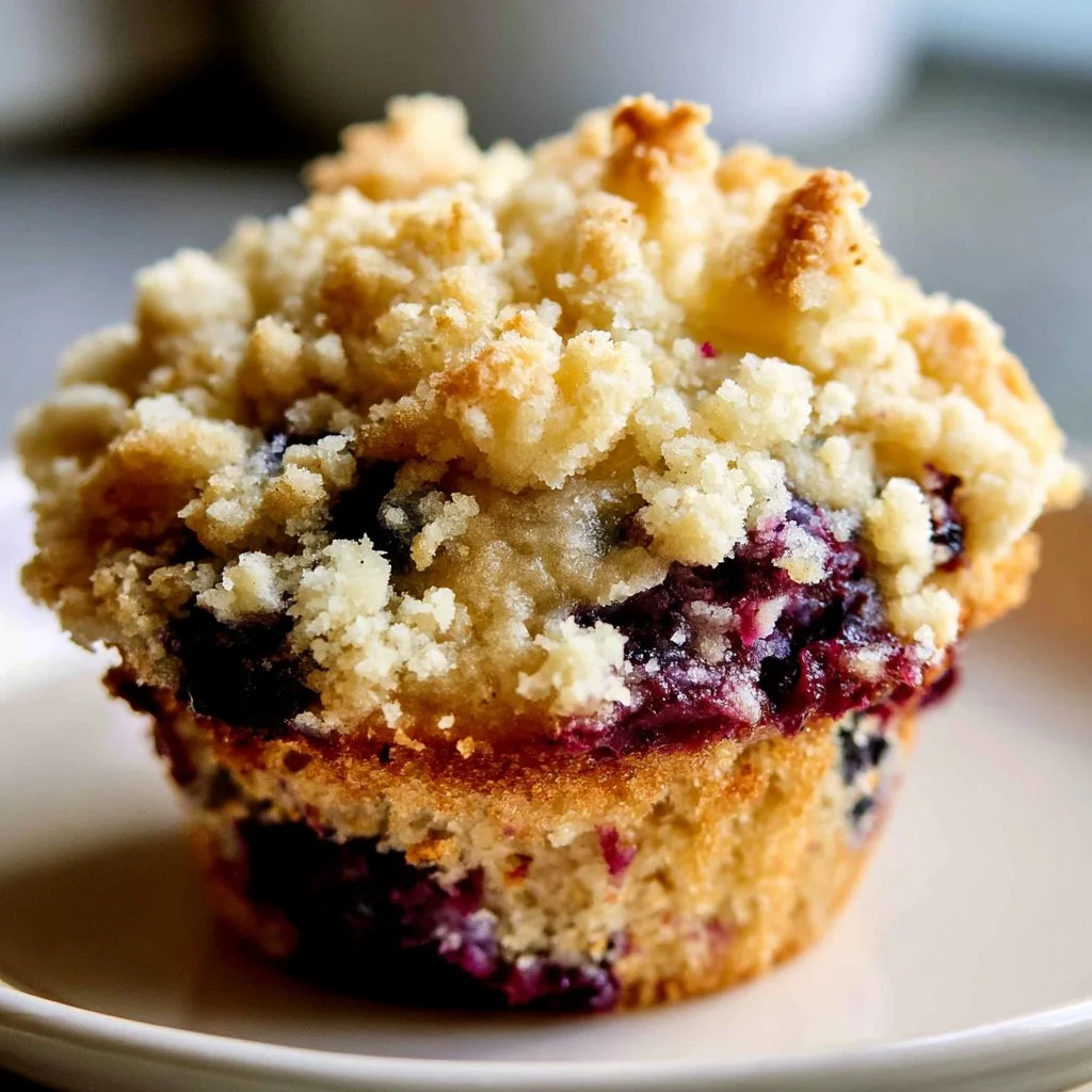Freshly baked sourdough blueberry muffins on a wooden table