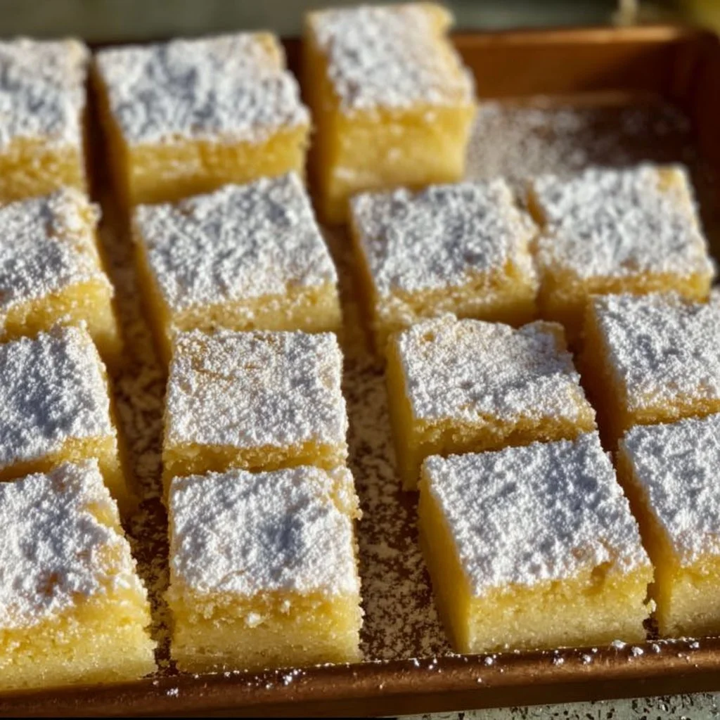 Deliciously tangy sourdough lemon bars on a white plate with a lemon slice