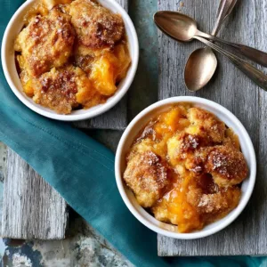 Southern peach cobbler topped with vanilla ice cream.