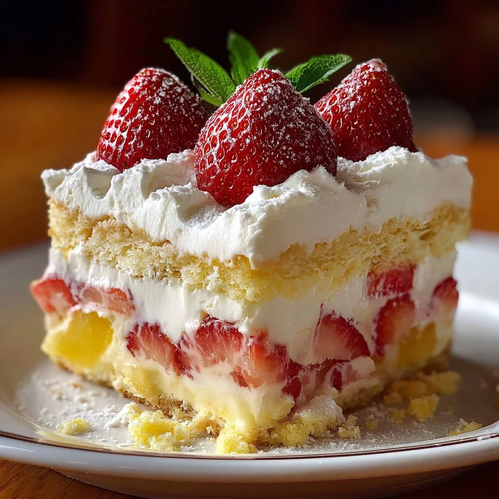 Delicious Strawberry Lemonade Lasagna dessert layered with fresh strawberries and lemonade flavor.