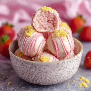 Delicious strawberry shortcake truffles with fresh strawberries and cream.