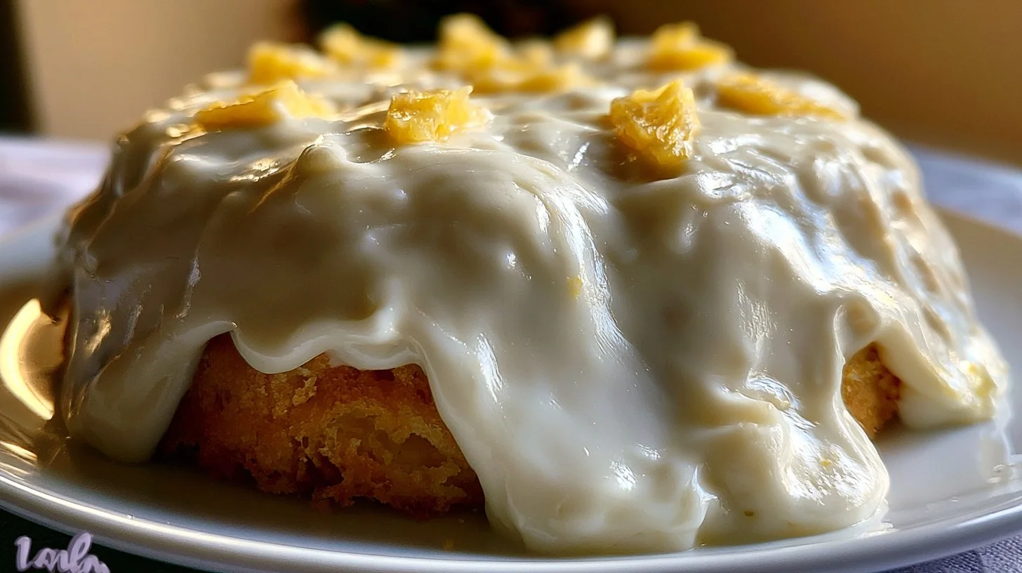 Delicious sugar-free pineapple cake slice on a plate with fresh pineapple slices