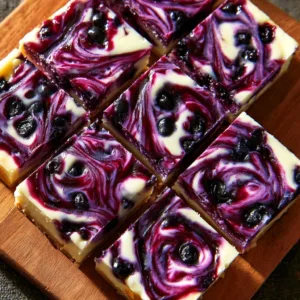 Delicious blueberry swirl cheesecake bars on a marble plate.