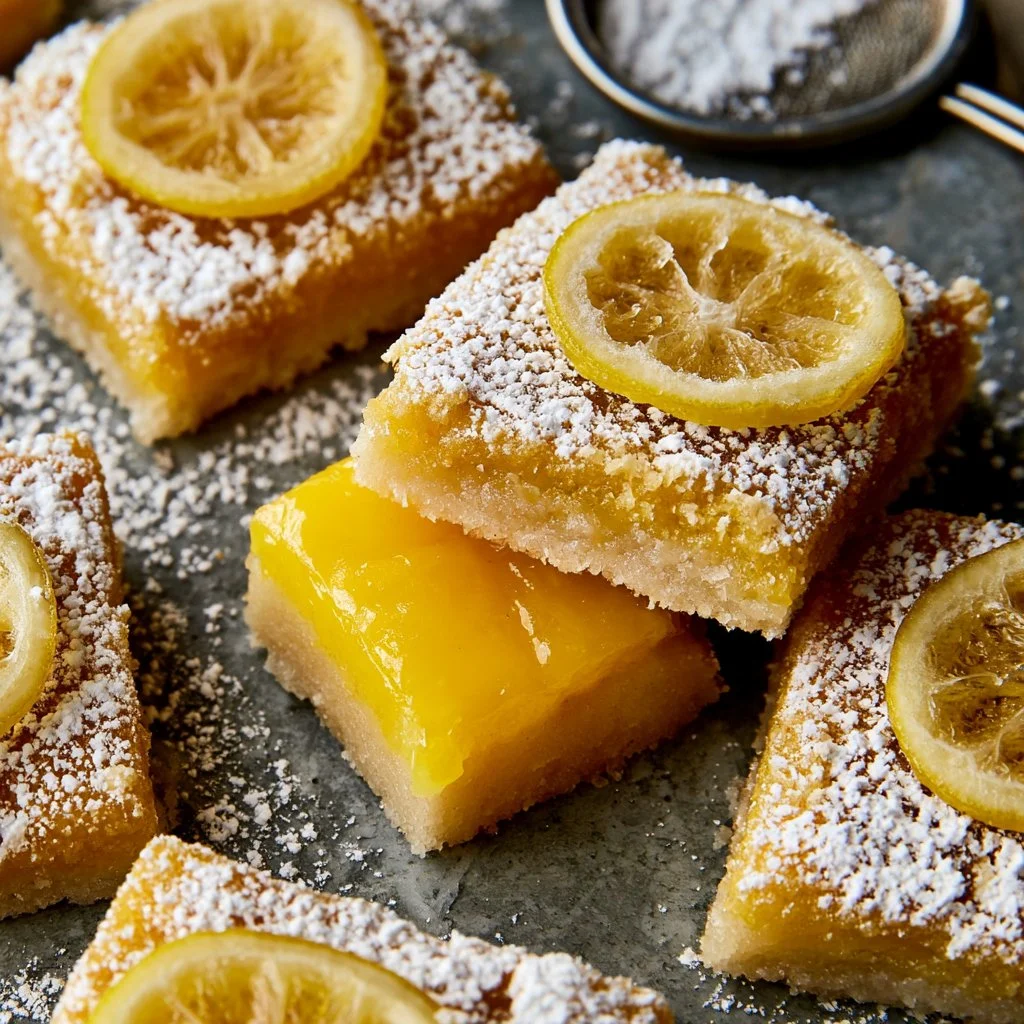 Delicious lemon bars with a tangy glaze served on a white plate
