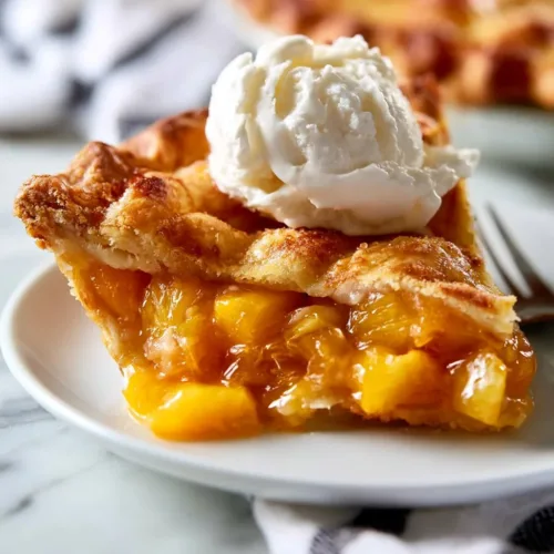 Homemade peach pie with a golden crust and fresh peaches