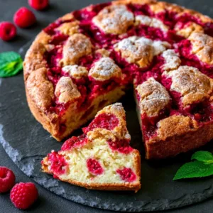 Slice of raspberry coffee cake with fresh raspberries on top