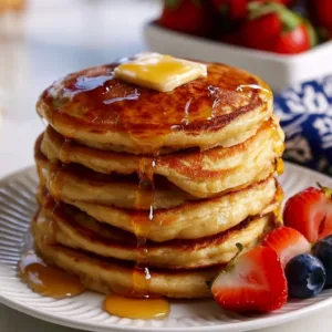 Fluffy sourdough pancakes stacked on a plate with syrup and berries
