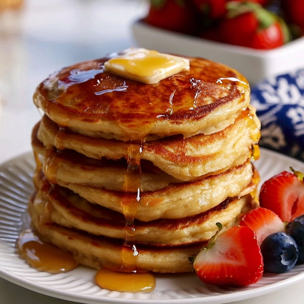Fluffy sourdough pancakes stacked on a plate with syrup and berries