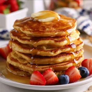 easy The Fluffiest Sourdough Discard Pancakes 2 Fluffy sourdough pancakes stacked on a plate with fresh berries