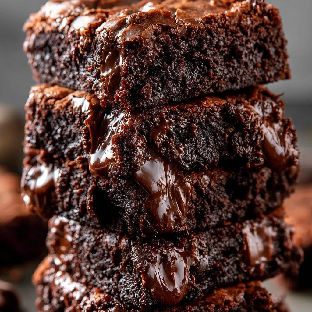 Deliciously fudgy brownies in a baking dish ready to be served.