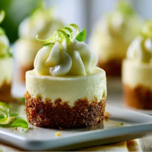 Zesty Mini Key Lime Cheesecake 3 Zesty mini key lime cheesecake topped with whipped cream and lime zest.