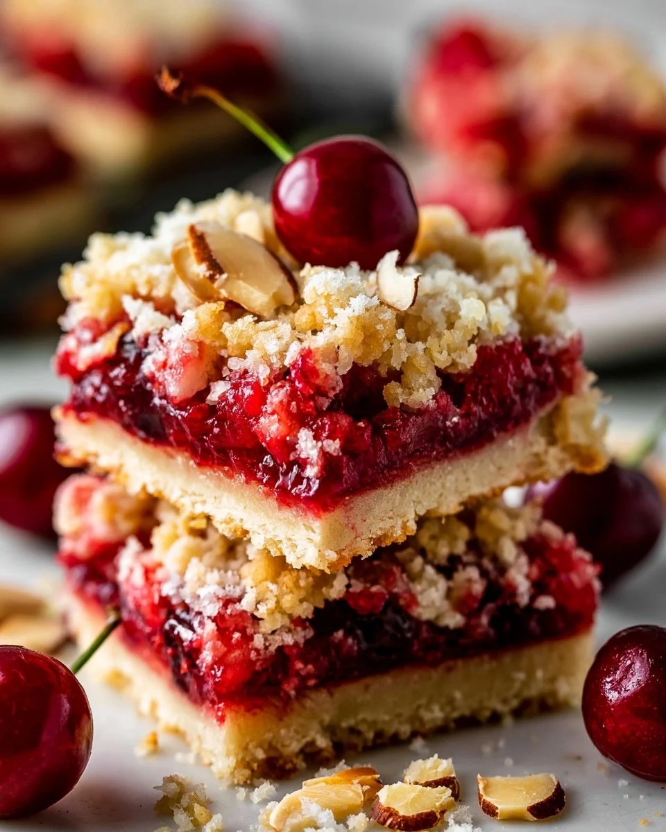 Almond Cherry Pie Bars topped with slivered almonds and fresh cherries