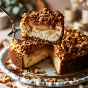 Delicious apple crumble cheesecake topped with a buttery crumble and fresh apples.