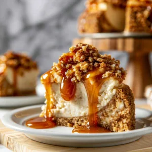 Delicious apple crumble cheesecake with a golden crumble topping