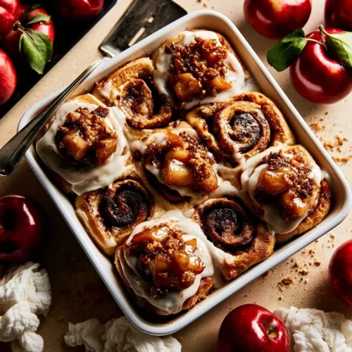 Delicious apple pie cinnamon rolls topped with frosting and cinnamon