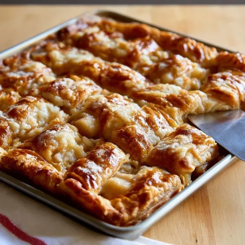 Freshly baked Apple Slab Pie Bars with cinnamon and apples on a wooden table