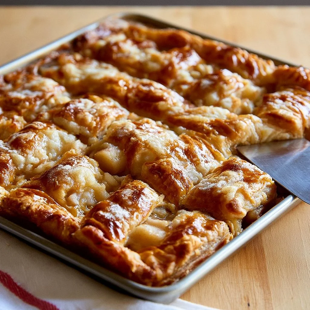Freshly baked Apple Slab Pie Bars with cinnamon and apples on a wooden table