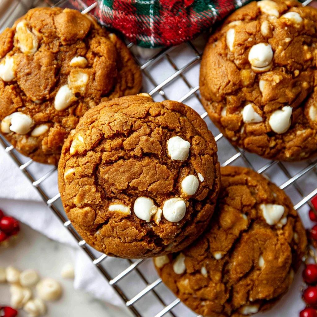 Bakery gingerbread white chocolate cookies on a festive plate
