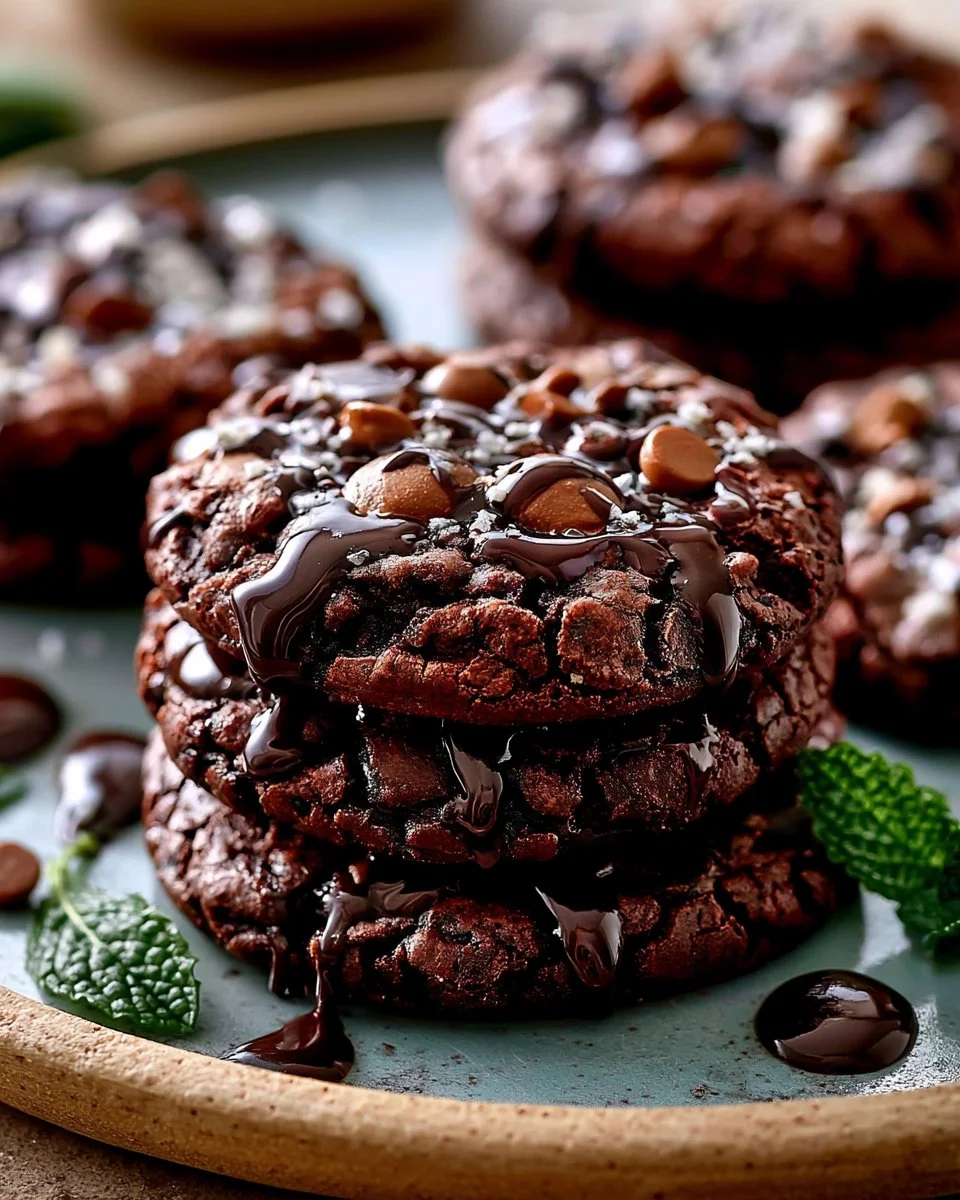 Delicious chocolate brownie cookies stacked on a plate with chocolate drizzle