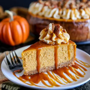 Delicious slice of best ever pumpkin cheesecake topped with whipped cream