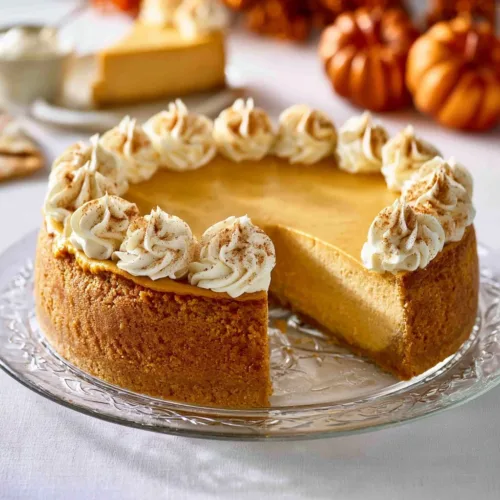Delicious slice of pumpkin cheesecake topped with whipped cream and cinnamon