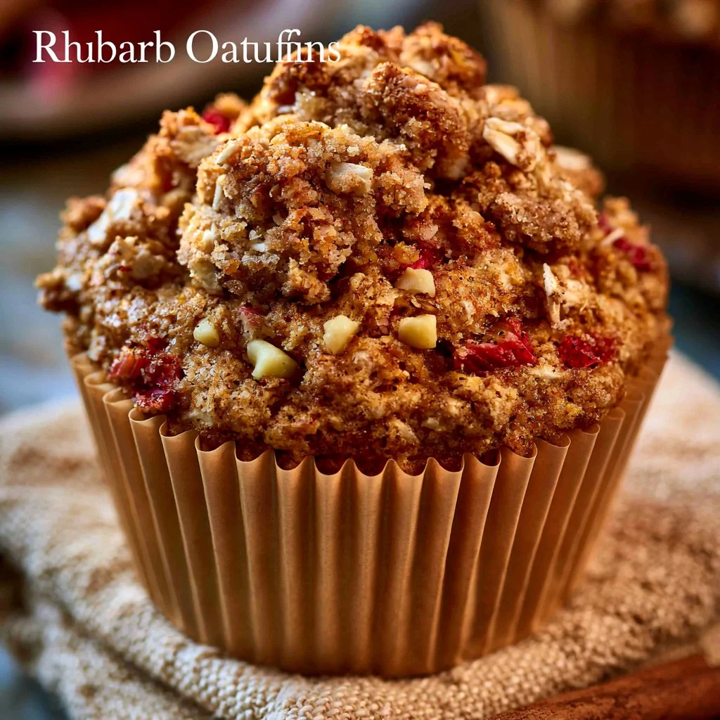 Homemade rhubarb oat muffins with fresh rhubarb on a wooden table.