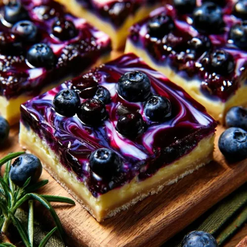 Delicious Blueberry Cheesecake Bars topped with fresh blueberries.
