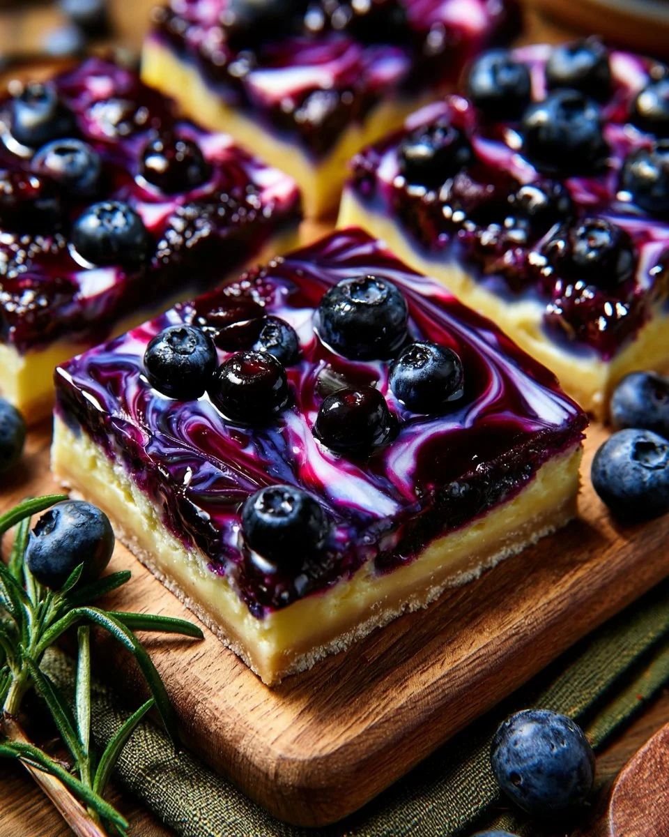 Delicious Blueberry Cheesecake Bars topped with fresh blueberries.