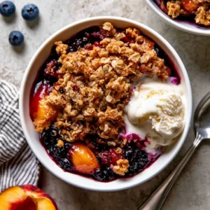 Homemade blueberry peach crumble with a golden brown topping