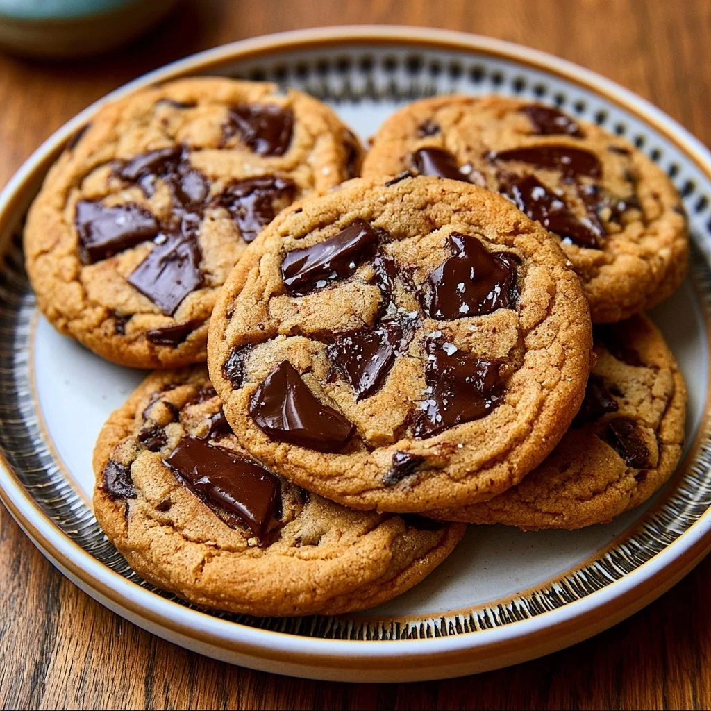 Delicious brown butter sourdough discard cookies on a rustic wooden table